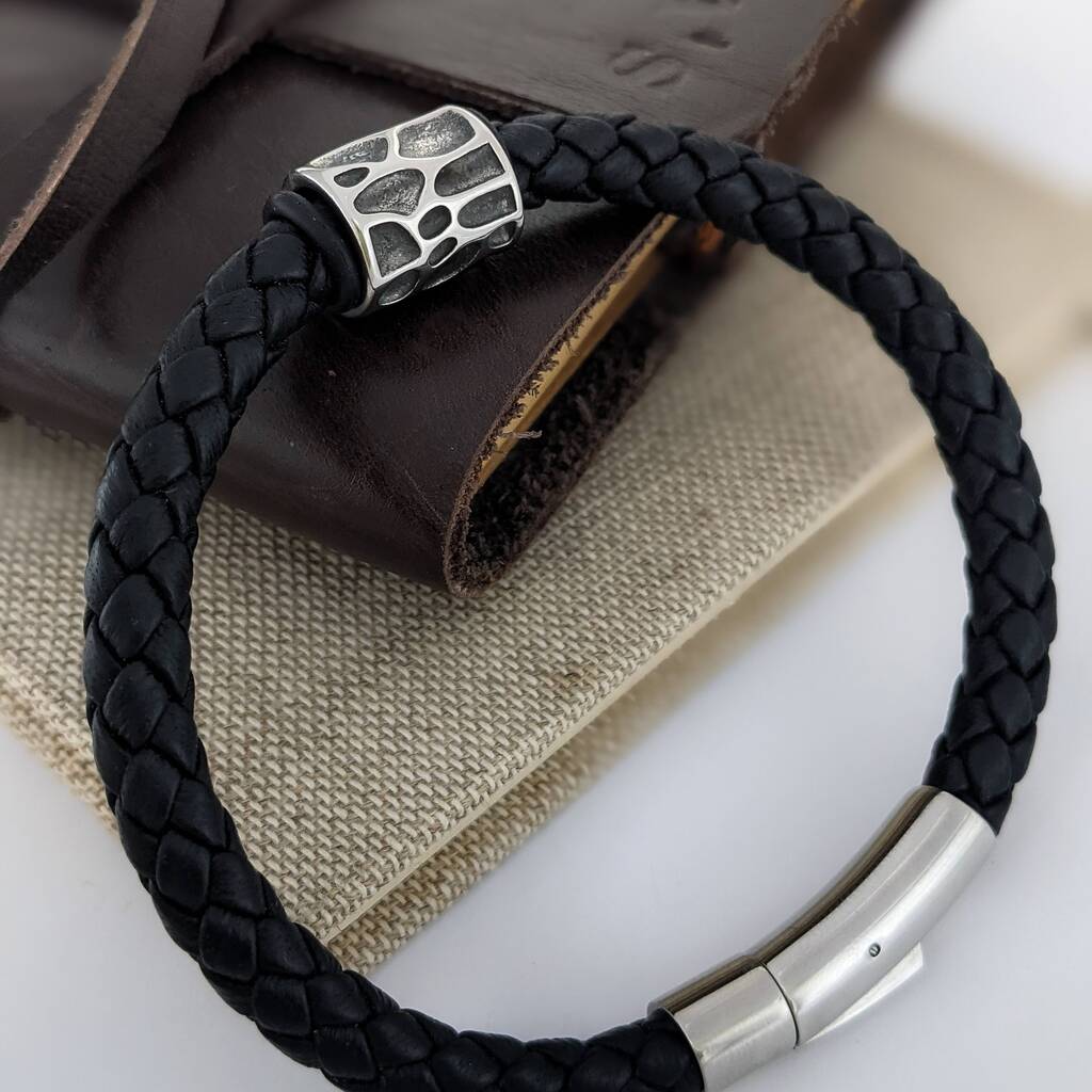 Black Leather Bracelet With A Pattern Tube Bead, 1 of 5