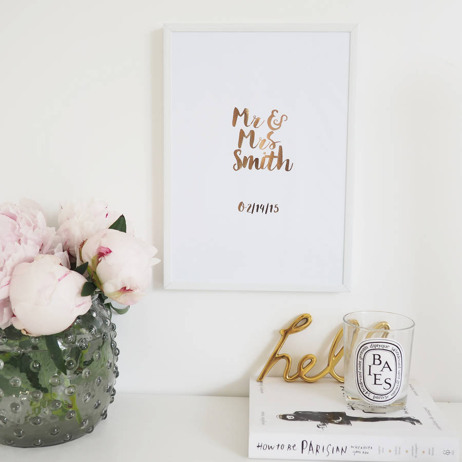 Personalised 'mr And Mrs' Foil Wall Art Print By Lily Rose Co