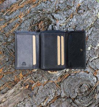 Women's Luxury Black Leather Small Trifold Purse Rfid Protected Personsalised, 5 of 7