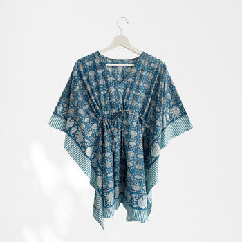 Blue Floral 100% Cotton Beach Kaftan, 6 of 7