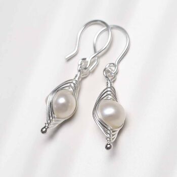 Sterling Silver Pearl Wire Dangly Earrings, 3 of 5