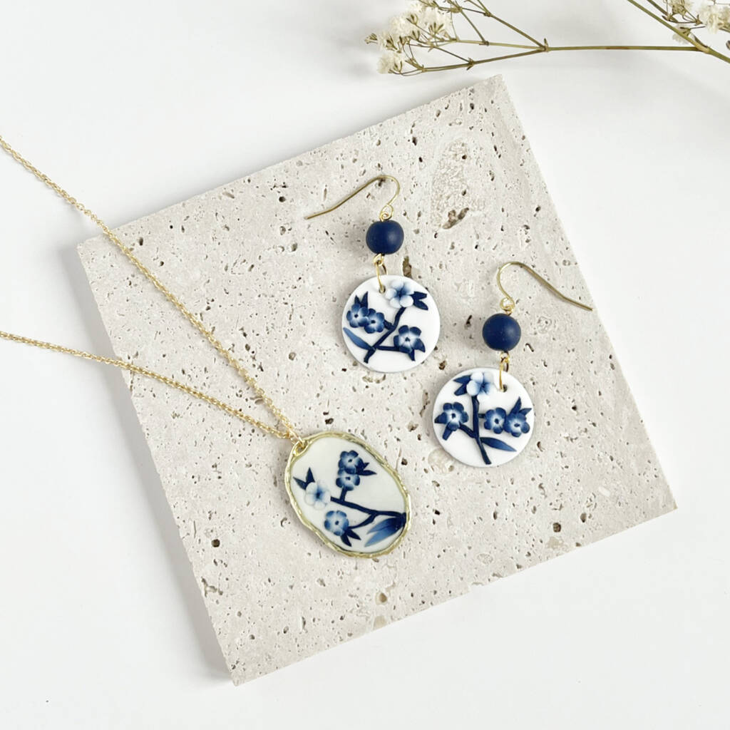 Blue And White Floral Handmade Clay Jewellery Set, 1 of 5