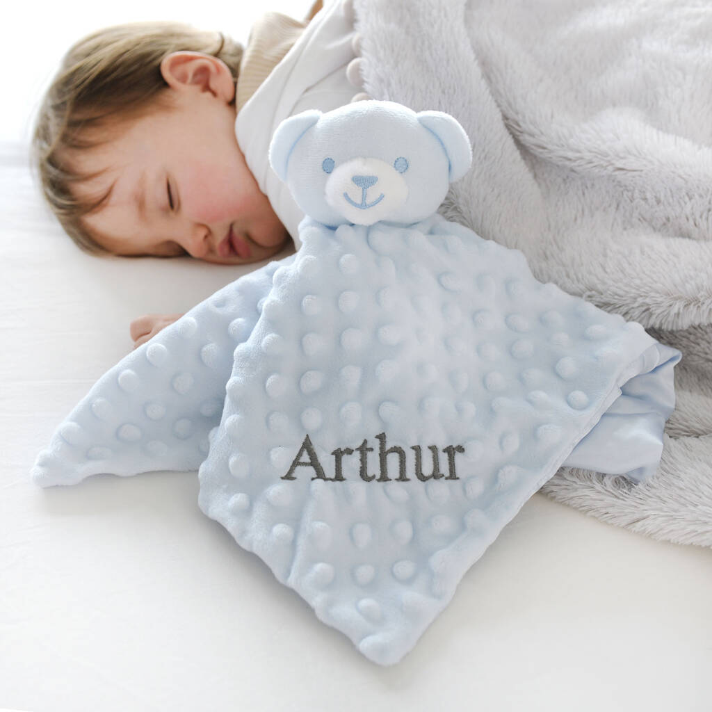 Personalised Blue Bobble Teddy Baby Comforter, 1 of 4