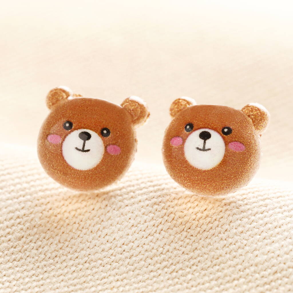 Enamel Brown Bear Stud Earrings