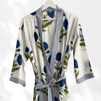 Blue Flower Block Print 100% Cotton Dressing Gown Kimono, 10 of 11
