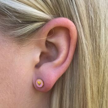 Powder Pink Heart Enamel Earrings Gold Vermeil Plated, 2 of 3