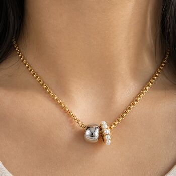 Gold Chunky Rolo Chain Necklace With Pearl Charm And Silver Bead Pendant, 2 of 12