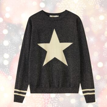 Christmas Jumper Women's Black Glitter With Gold Star And Stripe Print, 2 of 4