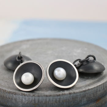 Double Sided Cufflinks. Pearl Anniversary Gift For Him, 10 of 12