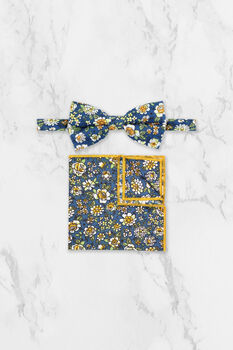 Wedding 100% Cotton Floral Print Tie In Blue And Yellow, 7 of 9