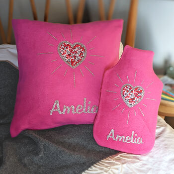 Liberty Heart Personalised Cushion And Hot Water Bottle, 2 of 4