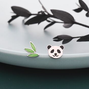 Mismatched Bamboo And Panda Leaf Stud Earrings In Sterling Silver, 6 of 11