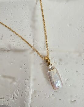 Round Cz And Rectangular Baroque Freshwater Pearl Pendant 18k Gold Tarnishfree Adjustable Necklace, 2 of 6