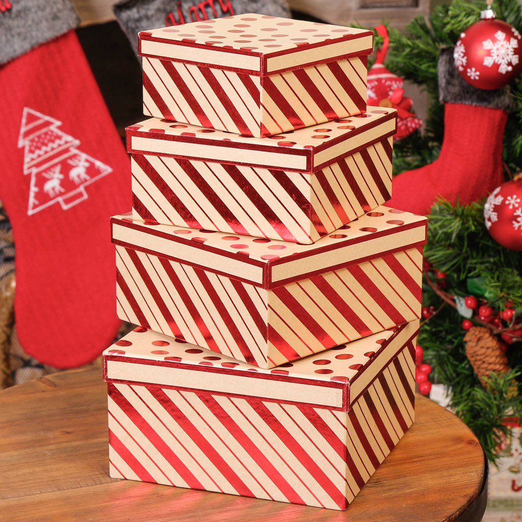 Set Of Four Candy Cane Striped Christmas Gift Boxes By Dibor