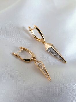 Rose Gold Geometric Cz Pave Spike Drop Earrings Rectangle Hoops, 4 of 10