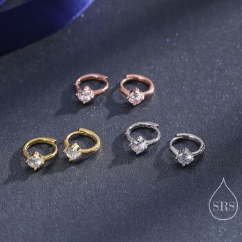 Sterling Silver Tiny Cz Solitaire Huggie Hoop, 2 of 10