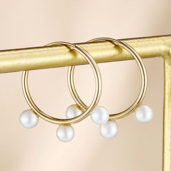 9ct Gold Triple Pearl Hoop Earrings, 3 of 5