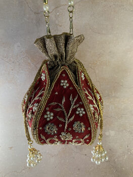 Red Handcrafted Raw Silk Potli Bag/Wrist Bag, 2 of 4