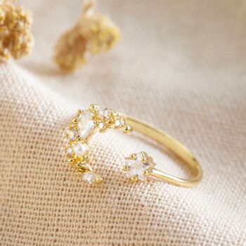 Adjustable Crystal Moon And Star Ring In Gold Plating, 2 of 3