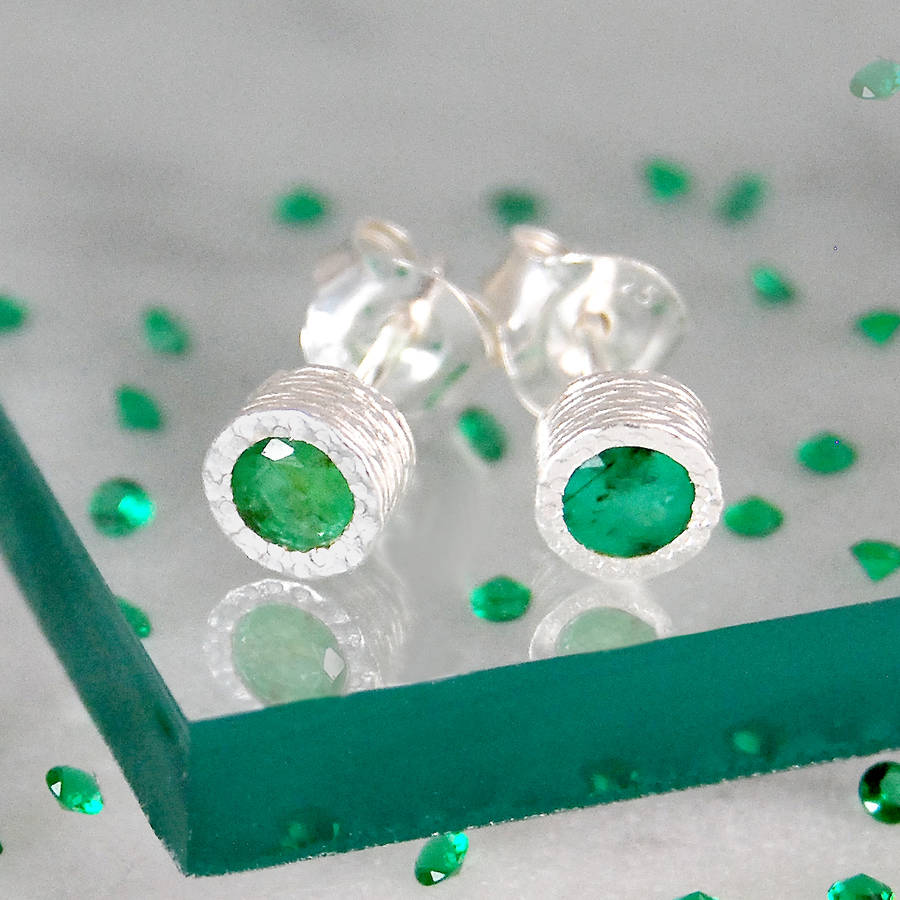 Emerald May Birthstone Sterling Silver Stud Earrings, 1 of 4