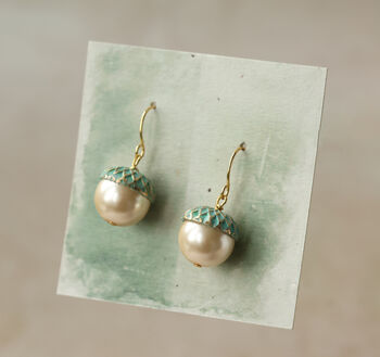 Verdigris Pearl Gold Acorn Earrings, 3 of 10