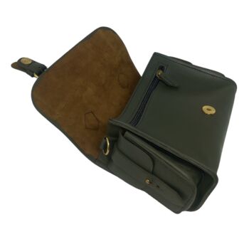 Small Leather Crossbody Satchel Handheld Handbag Khaki Dark Military Green With Side Pockets, 3 of 9