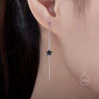 Black Star Cz Threader Earrings In Sterling Silver, 2 of 9