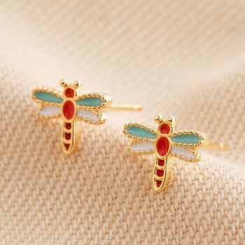 Enamel Dragonfly Stud Earrings In Gold Plating, 3 of 5