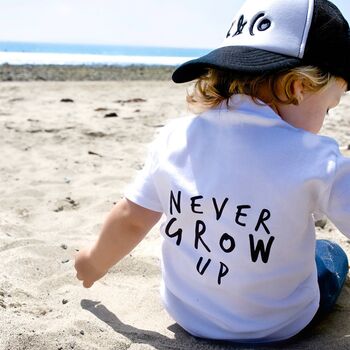 Never Grow Up Unisex Baby And Kids Short Sleeve T Shirt, 2 of 12