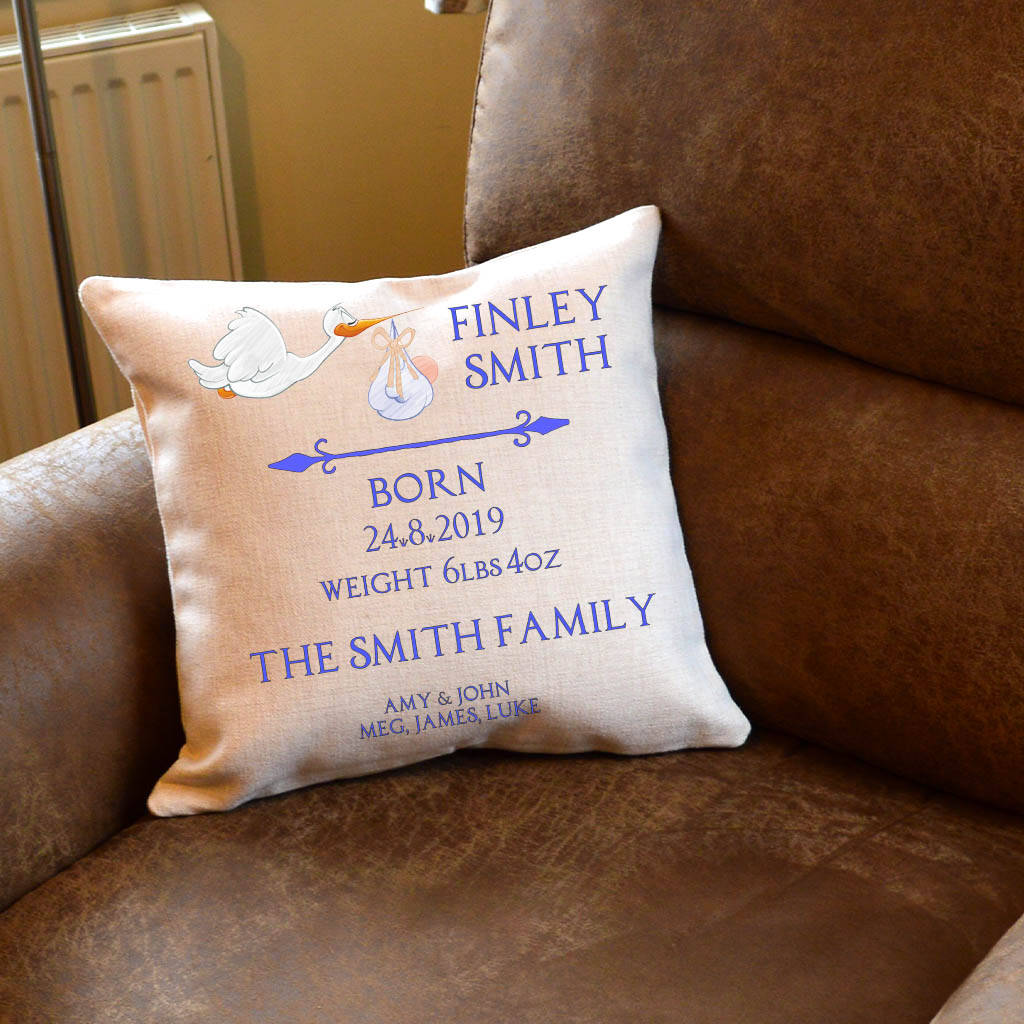 Personalised Cushion New Baby Birth Pillow Arrival By