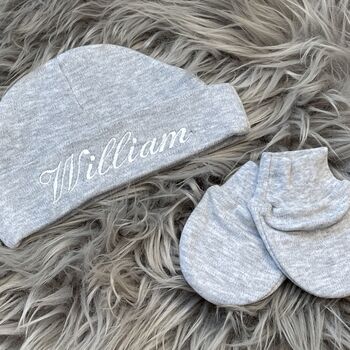 Personalised Embroidered Grey Newborn Baby Hat, 7 of 9