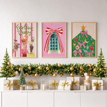 ‘Christmas Tree’ Art Print – Festive Decor In Pink And Green, 3 of 8