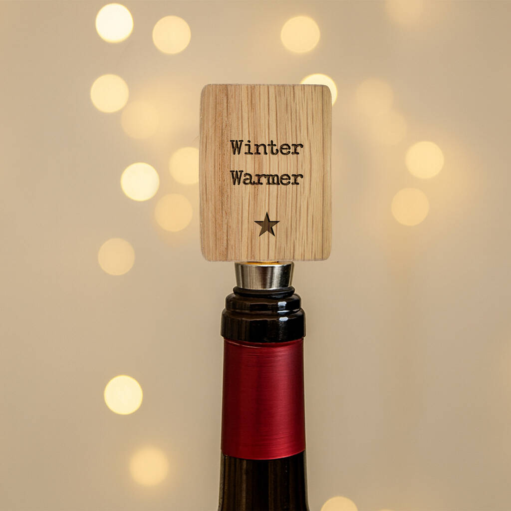 Rectangular Oak Bottle Stopper | 'Winter Warmer' | Wine Bottle Stopper | Festive Drink Accessory | Christmas Bar Accessory | Ideal Gift, 1 of 2
