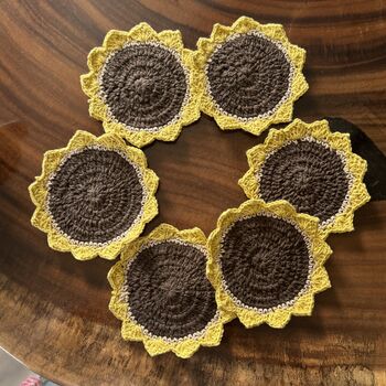 Six Crochet Coasters, Blue White, Citrus, Sunflower, 5 of 12