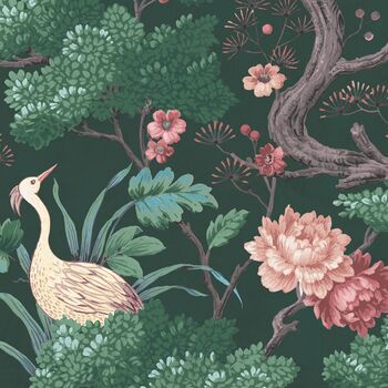 Crane Bird Forest Green Wallpaper, 3 of 4