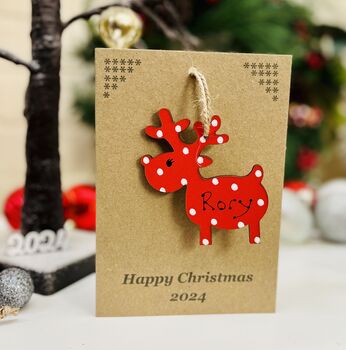 Personalised Reindeer Red Christmas Decoration And Card, 2 of 8