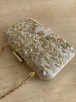White Handcrafted Rectangular Pearl Clutch Bag, 5 of 10