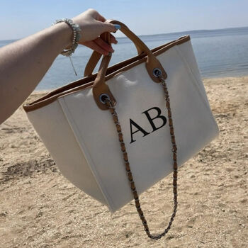 Personalised Cream And Tan Large Chain Initial Tote Bag, 5 of 6