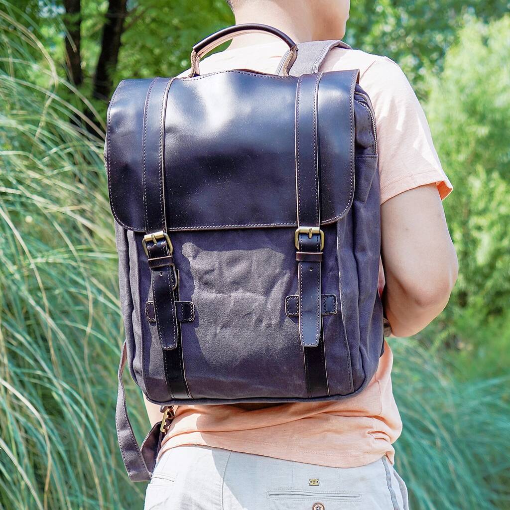 Personalised Waxed Canvas And Leather Backpack By Eazo