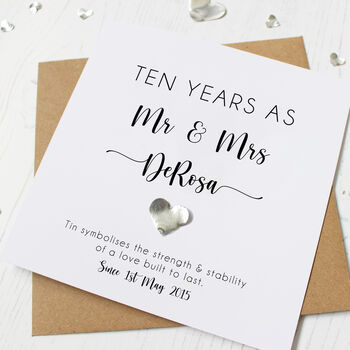 Personalised 10th Wedding Anniversary Card With Tin Heart, 7 of 9
