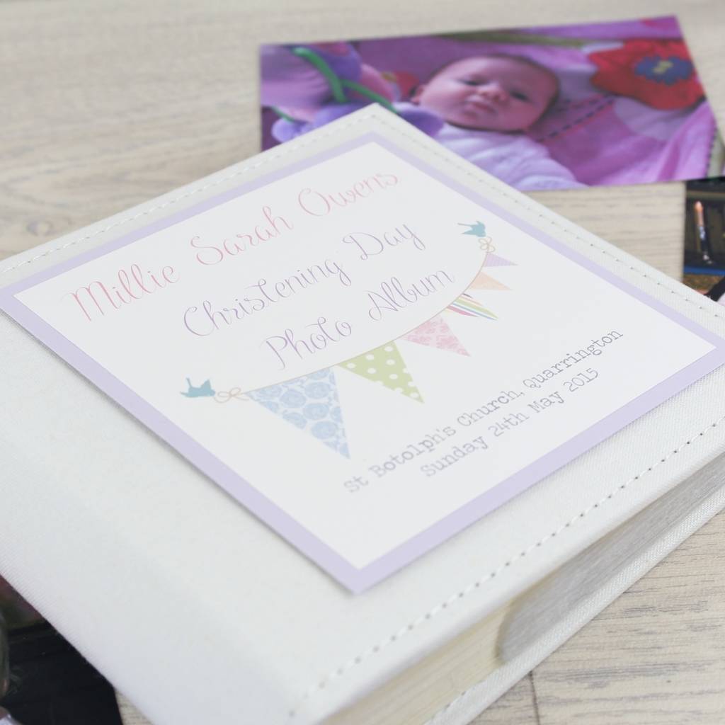 personalised bunting christening photo album by dreams to reality design ltd