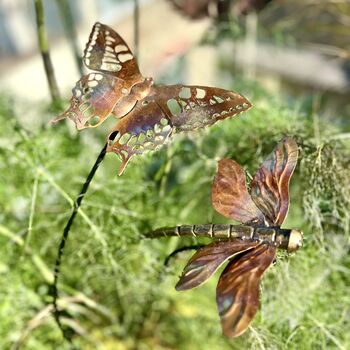 Set Of Two Copper Insect Garden Stakes – Butterfly And Dragonfly On Curved Poles, 3 of 7