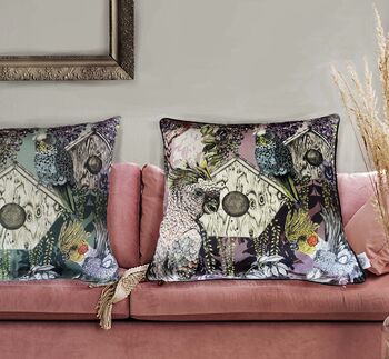 Bird Sanctuary Soft Purple Square Cushion With Birds, Bird Houses, And Trailing Wisteria, 3 of 7