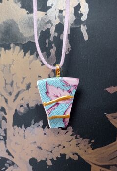 Pink And Blue Floral Kintsugi Pendant, 2 of 3