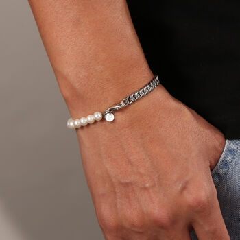 Silver Steel Cuban Chain, Half Pearl Bracelet, 6 of 10
