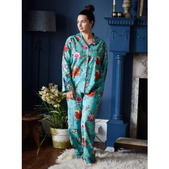 Ladies Teal Exotic Flower Print Cotton Pyjamas, 2 of 4
