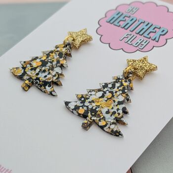 Black And Gold Glitter Christmas Tree Resin Earrings, 4 of 4