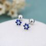 Sterling Silver Tiny Sapphire Blue Cz Flower Screw Back Earrings, thumbnail 1 of 10