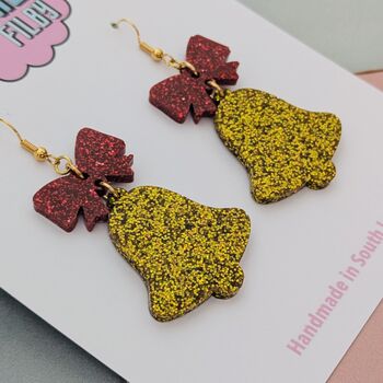Christmas Glitter Bell And Bow Earrings, 2 of 5