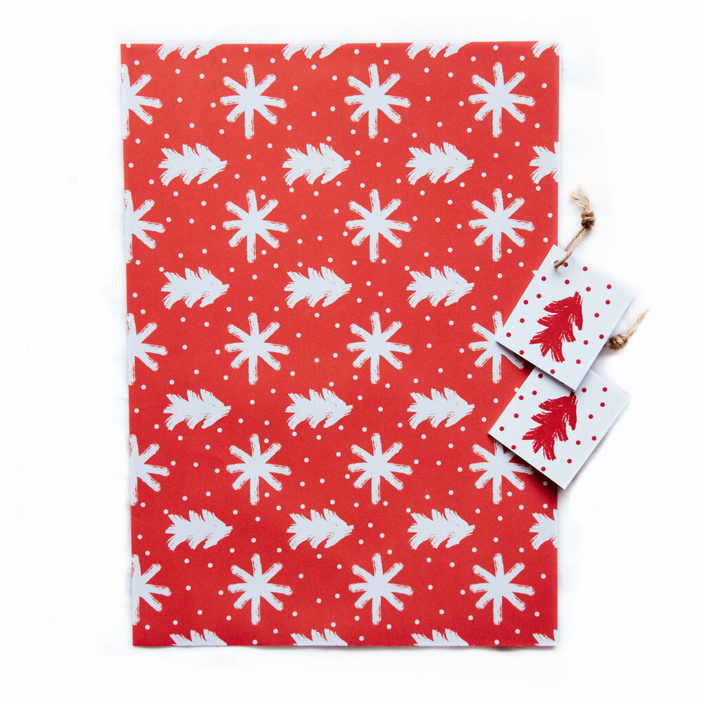 100% UK Recycled Gift Wrap Red Christmas Tree Design By Vida Natural